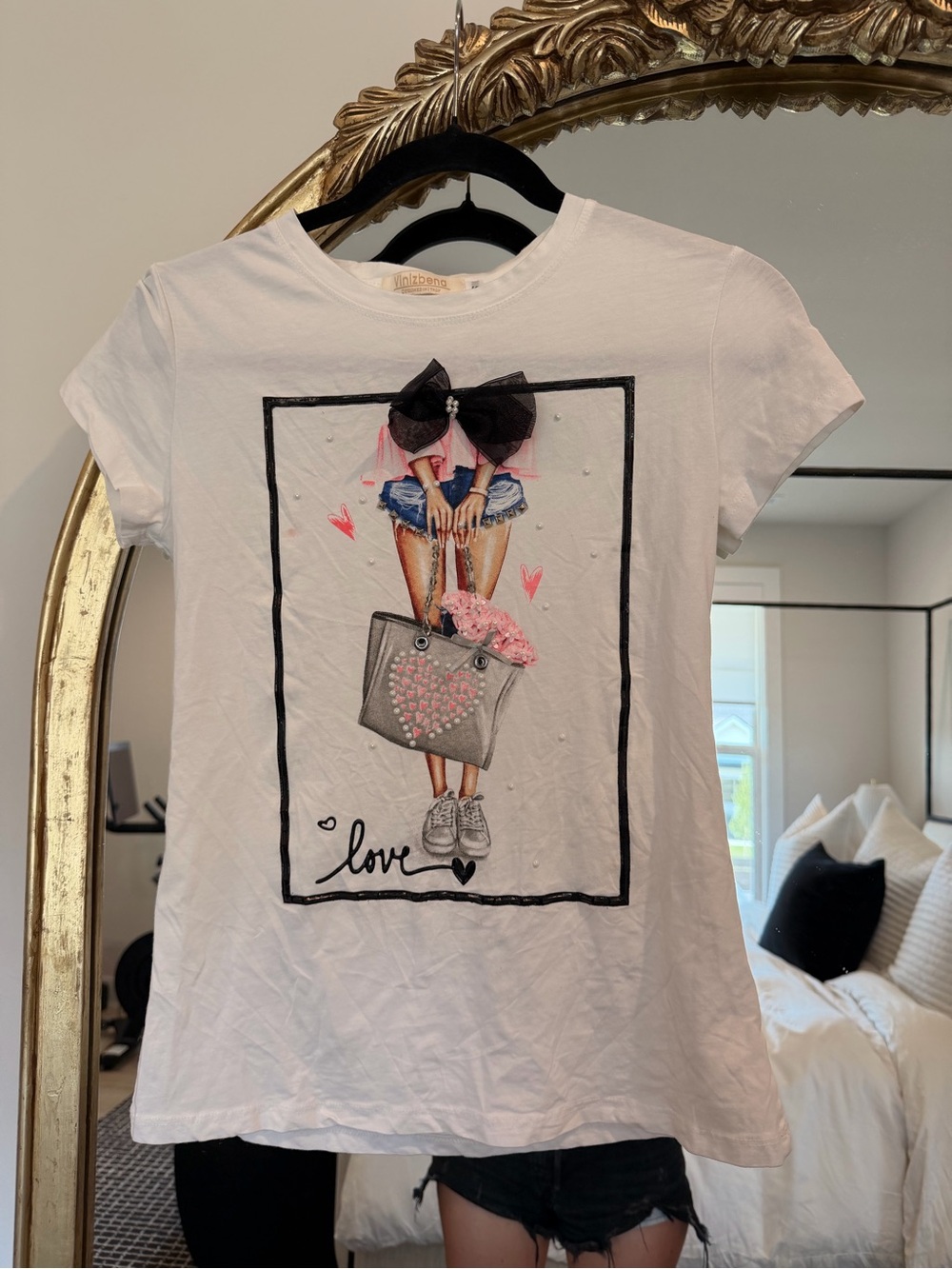 Women's White Short Sleeve Graphic Tee with Pink Accents
